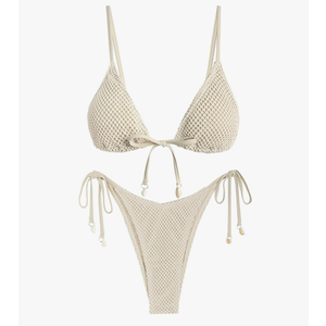 ZAFUL Women Triangle String Two Piece Bikini Fishnet Mesh Tie Shell Decor Tanga 2 Piece Swimsuit, Size S