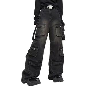 jupkem Men's Baggy Jeans Y2k Goth Vintage Wide Leg Women Fashion Punk 90s Hip Hop Cargo Pants Harajuku Streetwear with Pocket (Large, Black8)