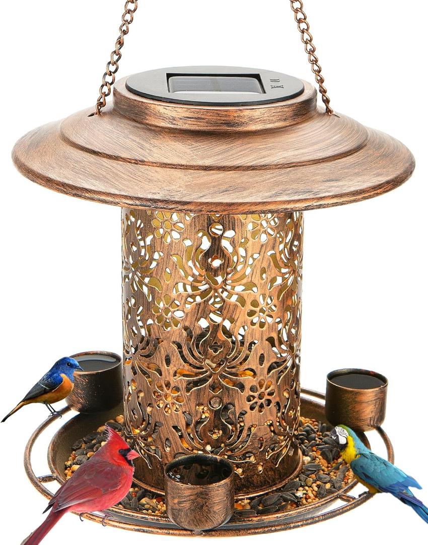 Solar Bird Feeders for Outdoors, Metal Hanging Bird Feeder with 3 Water Cups,Rust Resistant, Solar Garden Lantern for Outdoors Decor,The Perfect Choice for Gift(2.5LB)