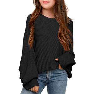 Mafulus Girl's Oversized Crewneck Fall Sweaters Kids Batwing Long Sleeve Slouchy Chunky Cute Pullover Jumper Shirts 5-14T (11-12 Years, Black)