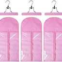 10pcs Wig Storage Bags with 10pcs Wooden Hangers Hair Extensions Carrier Holder Dustproof Case Pouch Beauty Hair Salon Organizer for Daily Use & Travel (Pink Wig Bags+Pink Hangers)