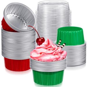 Umigy 100 Pcs Christmas Aluminum Foil Baking Cups with Lids 4.3oz Baking Liner Cups Xmas Disposable Ramekins Muffin Tins Cupcake Pan Foil Cupcake Containers(Classic)