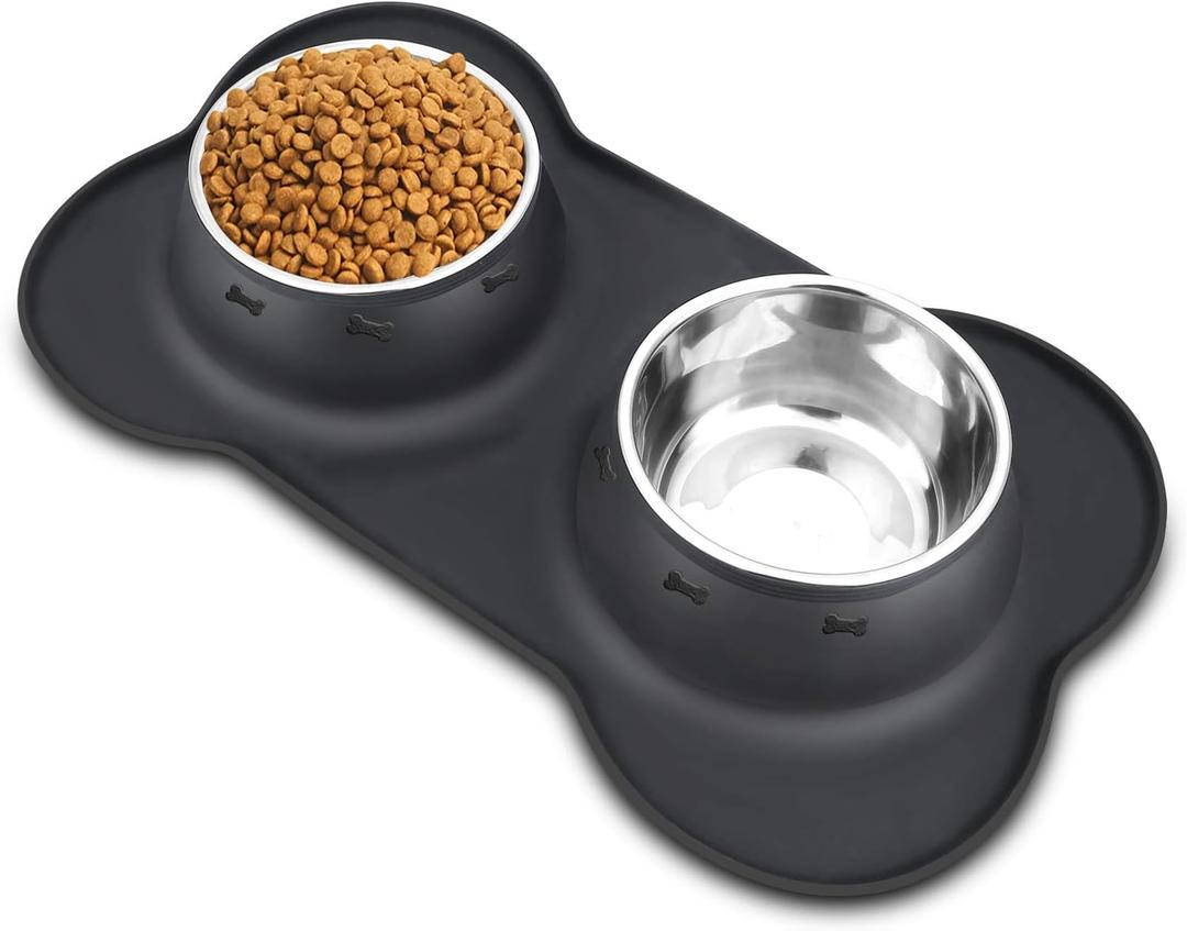 AsFrost Dog Food Bowls Stainless Steel Pet Bowls & Dog Water Bowls No Spill Non Skid, Feeding Bowls with Dog Bowls Silicone Mat for Small Medium Large Size Dogs, Cat Pet Dog Dishes Set, Black, 3 Cup (3 Cup/27 oz each)