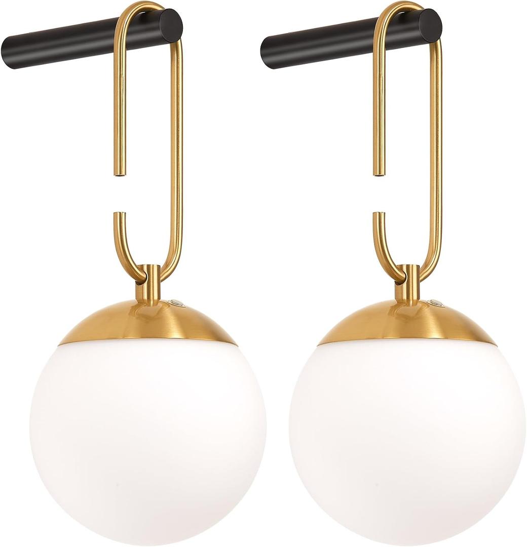 Battery Operated Wall Sconces Set of 2, Black & Gold Wireless Hanging Opal Glass Globe Wall Lamp with Touch & Remote, 12 RGB Colors & 3 Color Modes, Rechargeable Dimmable Wall Light for Bedroom