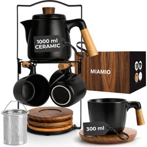 MIAMIO  34 Oz Ceramic Tea Pot Set with Infuser and Cups/Tea Strainer, 4 Ceramic Tea Mugs (10 Oz), Bamboo Saucers/Handle for Home and Office (Black)