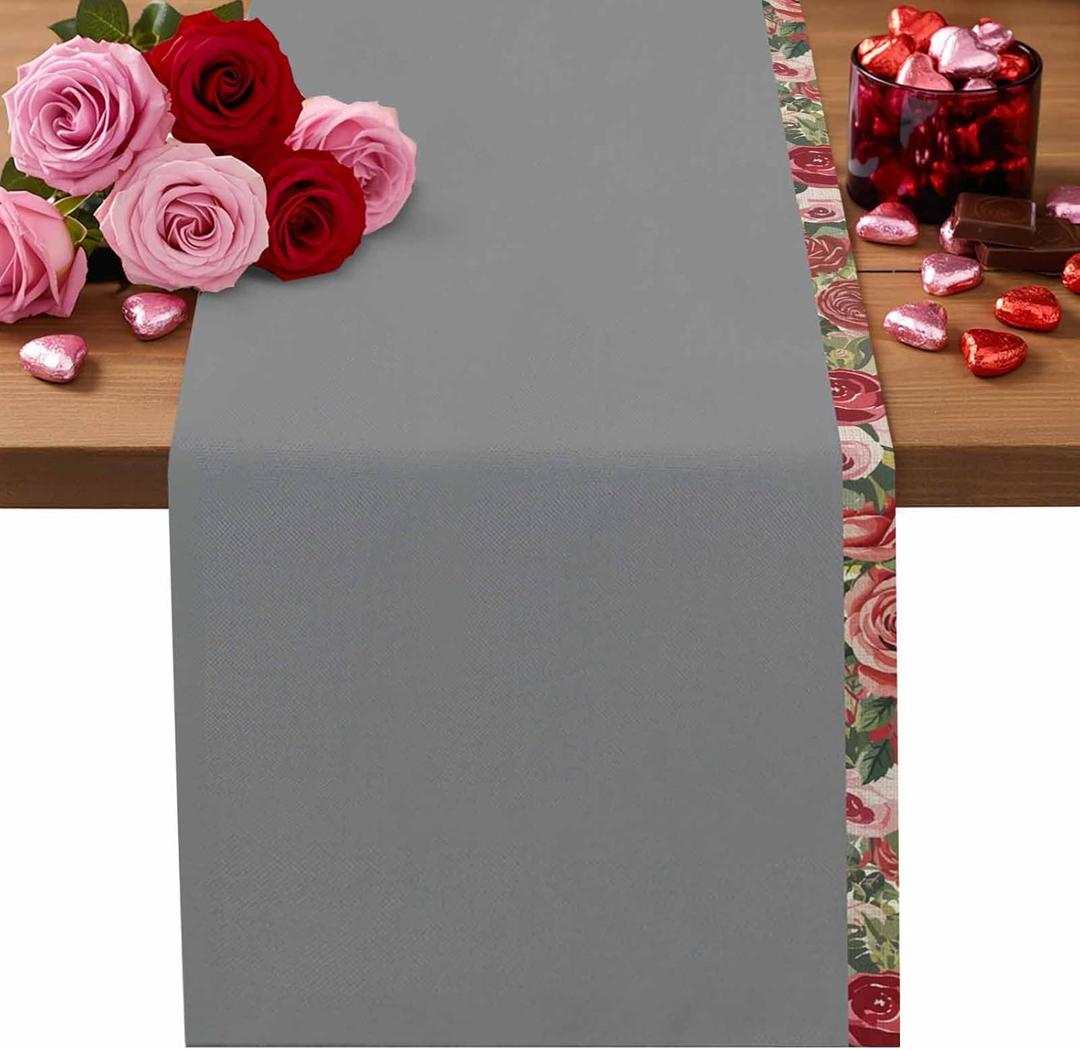Valentines Table Runner Red Pink Roses Flowers Valentines Table Runner 13x36 inch Leaf Floral Vintage Table Cloth Runner for Kitchen Dining Table Decorations (Beige)