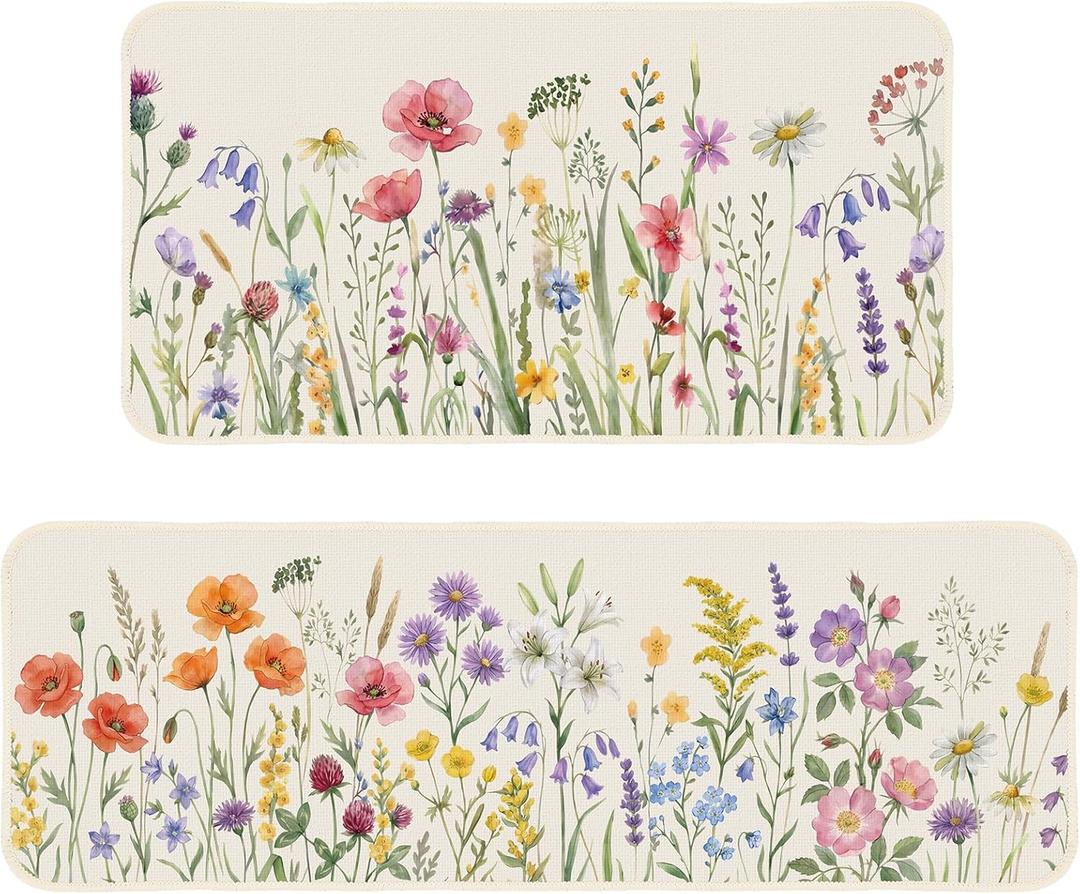 Dunzy Spring Flower Kitchen Mat Floral Floor Rugs Sets of 2 Non Slip Cushioned Standing Mat for Farmhouse Sink, Laundry, Desk, Home 16"x 47"+16"x 29"