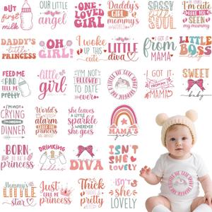 30 Sheets Baby Girl Iron on Transfers for Onesies, Pink DTF Transfers Ready to Press Heat Transfer Vinyl, Iron on Decals Patches for Bodysuit Bibs Baby Shower Clothes DIY Crafts
