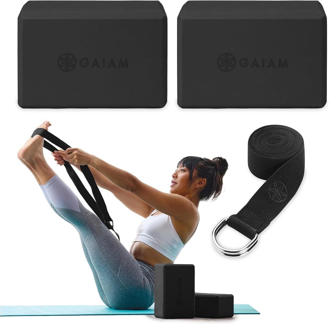 Gaiam Yoga Block - Supportive Latex-Free Eva Foam - Soft Non-Slip Surface with Beveled Edges for Yoga, Pilates, Meditation Black, 2 Blocks w/Strap