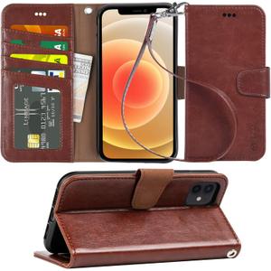Arae iPhone 12/12 Pro (6.1") Flip Case with Card Holder, Brown PU Leather