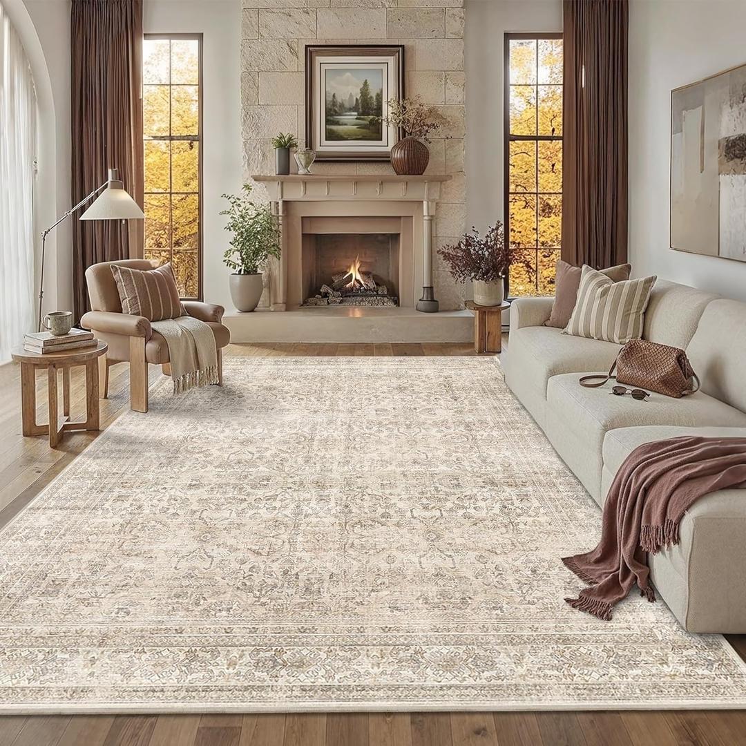 Schweek 8x10 Area Rug Beige Washable Neutral Vintage Distressed Rugs Large Non-Slip Living Room Area Rugs, Soft Low Pile Carpet Indoor Mat Throw Rug for Bedroom Dining Room Office Nursery