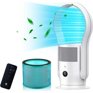 ULTTY Bladeless Tower Fan and Air Purifier, 90 Oscillating Tower Fan with HEPA Filter, Remote Control, Touch, 8H Timer, 9 Speeds, Powerful Floor Fan for Bedroom Room Home Office, White