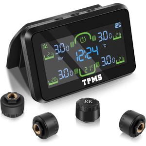 Tire Pressure Monitoring System,Wireless Solar Charging,Color LCD Display,Real-time Monitoring of Tire Pressure&Temperature,6 Alarm Modes,RV TPMS 4 Sensors for RV/Truck/Trailer/Sedan(0-87 PSI)