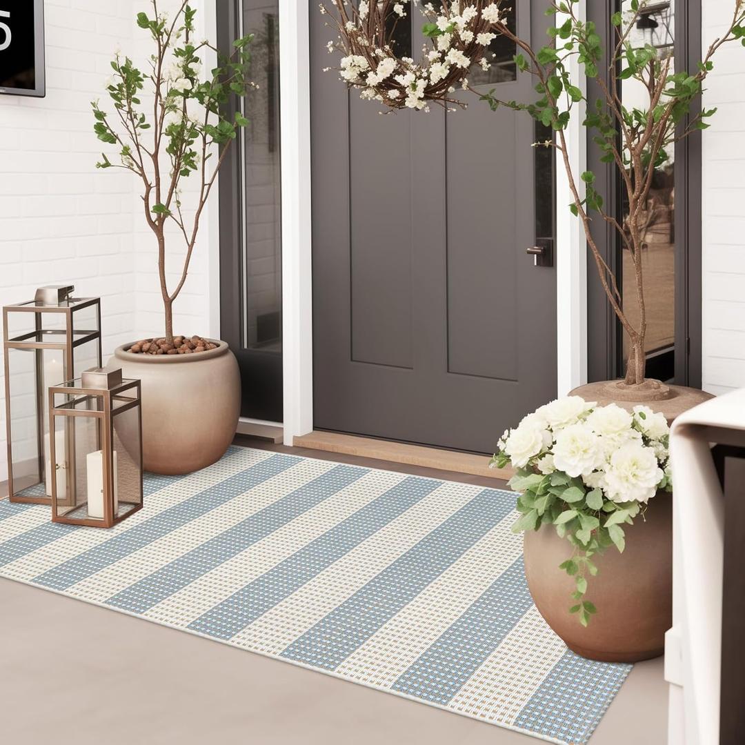 Boho Striped Outdoor Mats for Front Door 2'x4.3',Blue and Cream Washable Rug Runner,Cotton Hand Woven Indoor Outdoor Rugs,Foldable Farmhouse Layered Door Mats for Entryway
