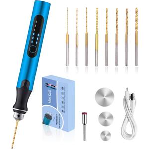 3-Speed Cordless Mini Drill Pen With 8 Small Drill Bits, Rechargeable Electric Hand Drill Pin Vise, Resin Drill Set For Jewelry Making, Resin, Plastic, Wood, Keychains DIY (BLUE)