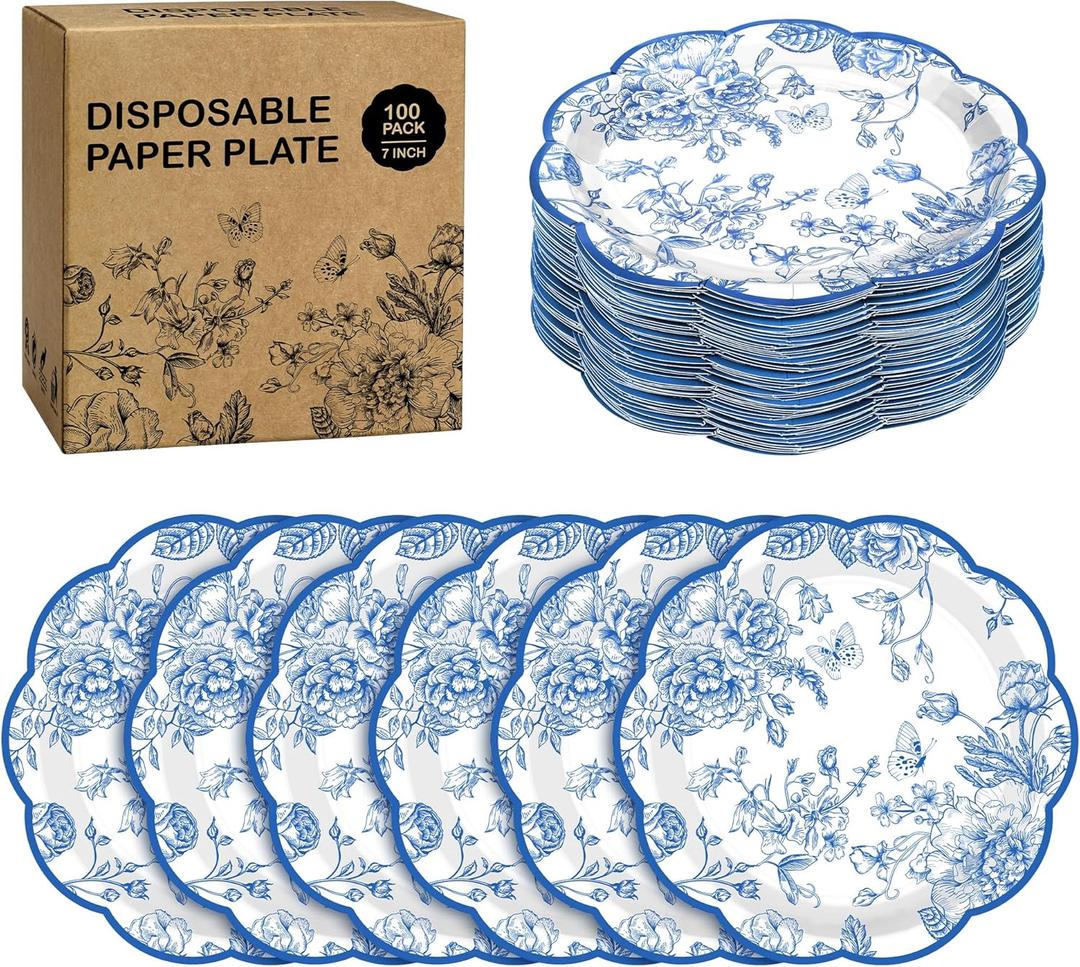 100 Pieces Blue Flower Paper Plates 7 Inches Disposable Floral Paper Plates Scalloped Blue Chinoiserie Vintage Flower Dessert Plate for Wedding Birthday Holiday Party Decor Supplies