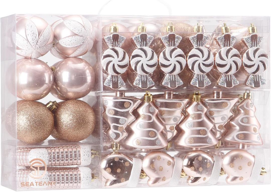 Sea Team 77-Pack Assorted Shatterproof Christmas Balls Christmas Ornaments Set Decorative Baubles Pendants with Reusable Hand-held Gift Package for Xmas Tree (Rose Gold)