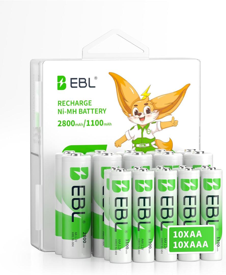 EBL Rechargeable Batteries Combo, AA 2800mAh (10 Pack) and AAA 1100mAh (10 Pack) High Capacity Precharged Ni-MH Rechargeable Batteries with Battery Organizer Storage Box