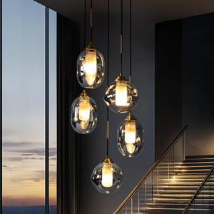 Staircase Modern Glass Globe Pendant Light,5 Light Globe Cluster Chandelier with Frosted Smoke Gray Glass Shades,Black Chandelier High Ceiling Lights Fixtures for Dining Room,Entryway