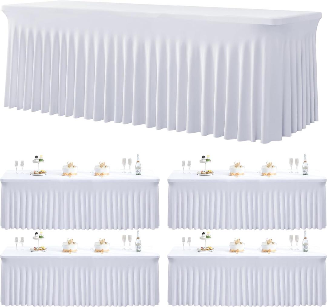 4 Pack Spandex White Tablecloths for 8 Foot Rectangle Tables, Wrinkle Free Fitted Table Cloth 8ft Stretchy Table cover Desk Skirt for Parties Weddings Birthday Banquet Baby Shower