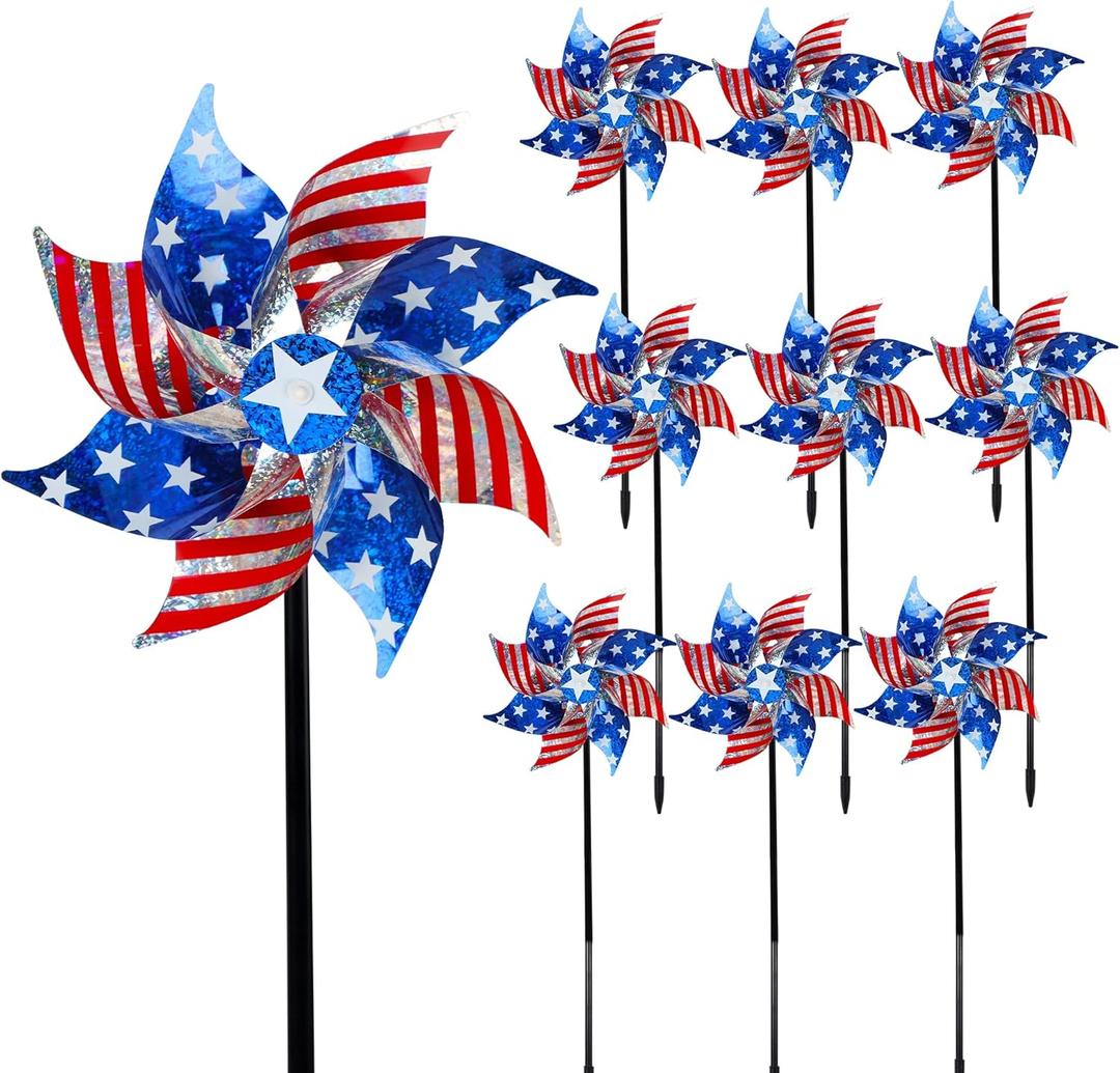 Hausse 10 Pack Reflective Pinwheels Patriotic Decorations, American Flag on Stick Wind Spinner with Stake for Independence Day, Memorial Day July of 4th Party Supplies, Scare Birds Repellent Devices (Red, Blue, White)