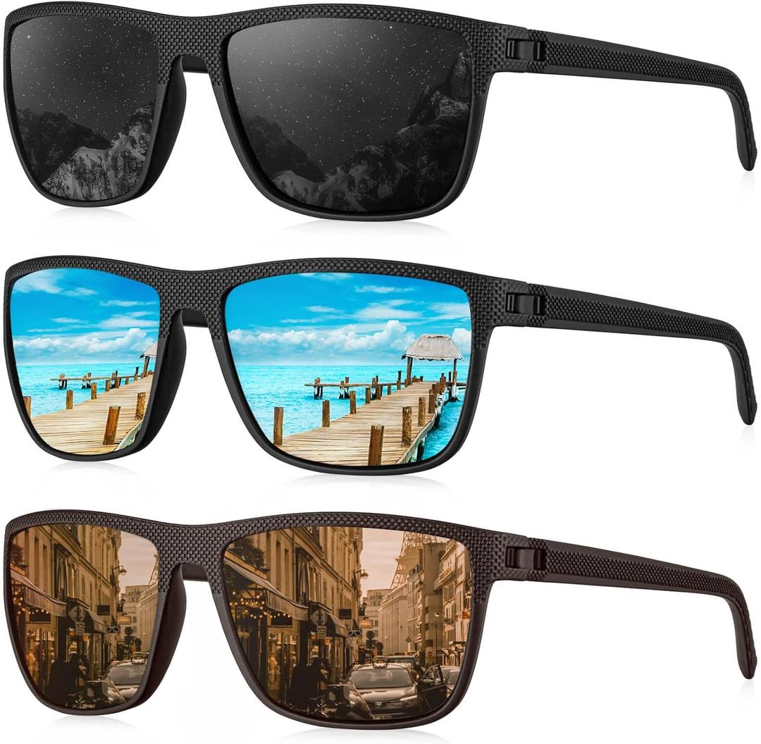 KALIYADI Polarized Sunglasses for Men, Lightweight Sun Glasses with UV Protection for Driving Fishing Golf ((3 Pack) Black/Ice Blue/Brown)