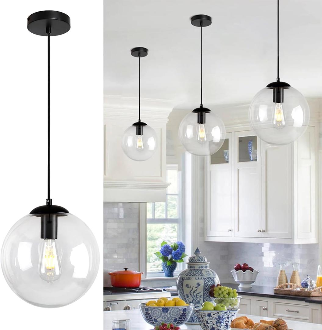 Modern Globe Pendant Light, 10" Mid Century Chandelier, Black Hanging Lights Fixtures with Clear Glass for Kitchen Island Dining Room Bedroom Hallway Foyer, Adjustable Height