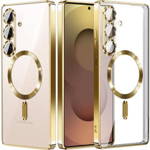 for Samsung Galaxy S25 Plus Case.Phone Cover Clear Back Surrounding Plating Metallic Glossy.Magnetic Case Slim Thin Soft funda capa para 6.7" Built-in Lens Protector (Gold)