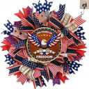 250th Anniversary Patriotic Wreath - 18 Inch Front Door Decor with Wooden Eagle Pattern & Red White Blue Ribbon (Glued on Fabric Base), Handcrafted for 4th of July Independence Day