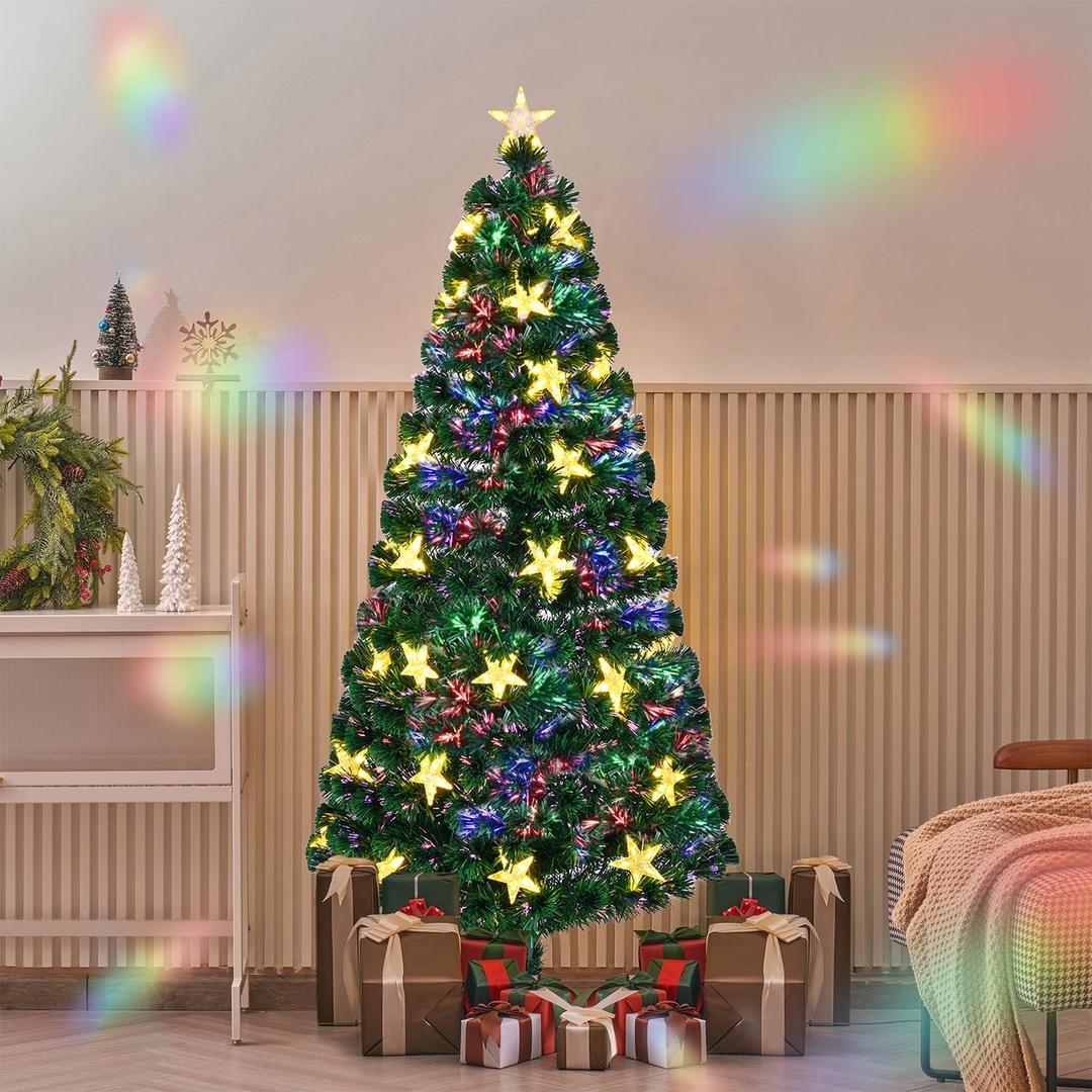 Juegoal 6ft Pre-Lit Artificial Christmas Tree, Lighted Optical Fiber Xmas Trees with Warm White Large Stars & Color Changing Optical Fiber Lights, Party Home Holiday Green Fake Tree with Metal Legs