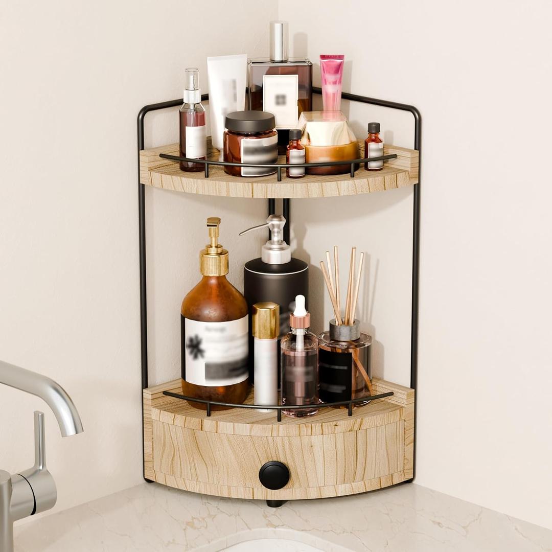 2-Tier Corner Bathroom Countertop Organizer with Drawer, Wooden Vanity Organizers for Makeup and Skincare Storage, Corner Counter Shelf with Embedded Screw Holes, Light Brown (7.68" x 7.68" x 15.75")