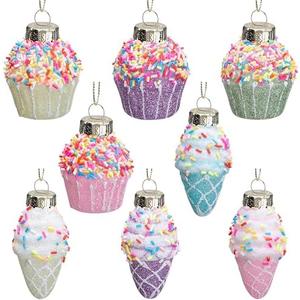 8 Pcs Christmas Tree Ice Cream Cupcake Ornaments, Glitter Macaron Color Cake Ice Cream Glass Hanging Ornaments, Pastel Color Candy Dessert Pendant Decor for Xmas Holiday Birthday Home Party Decoration
