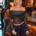 FEMLE Women Sparkly Off The Shoulder Sheer Mesh Tops Glitter See Through Long Sleeve Foldover Top Party Concert Outfits (Red, S)