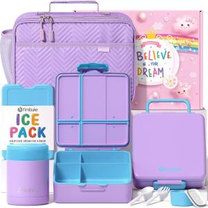 Fimibuke Kids Bento Snack Lunch Box with 4 Compartment, Insulated Bag, Stainless Steel Vacuum Thermos Food Jar, Ice Pack, Utensils Set, Birthday Gift for Age 3-12 Back to School Toddler Girl Boy Adult (B2.Purple & Blue)