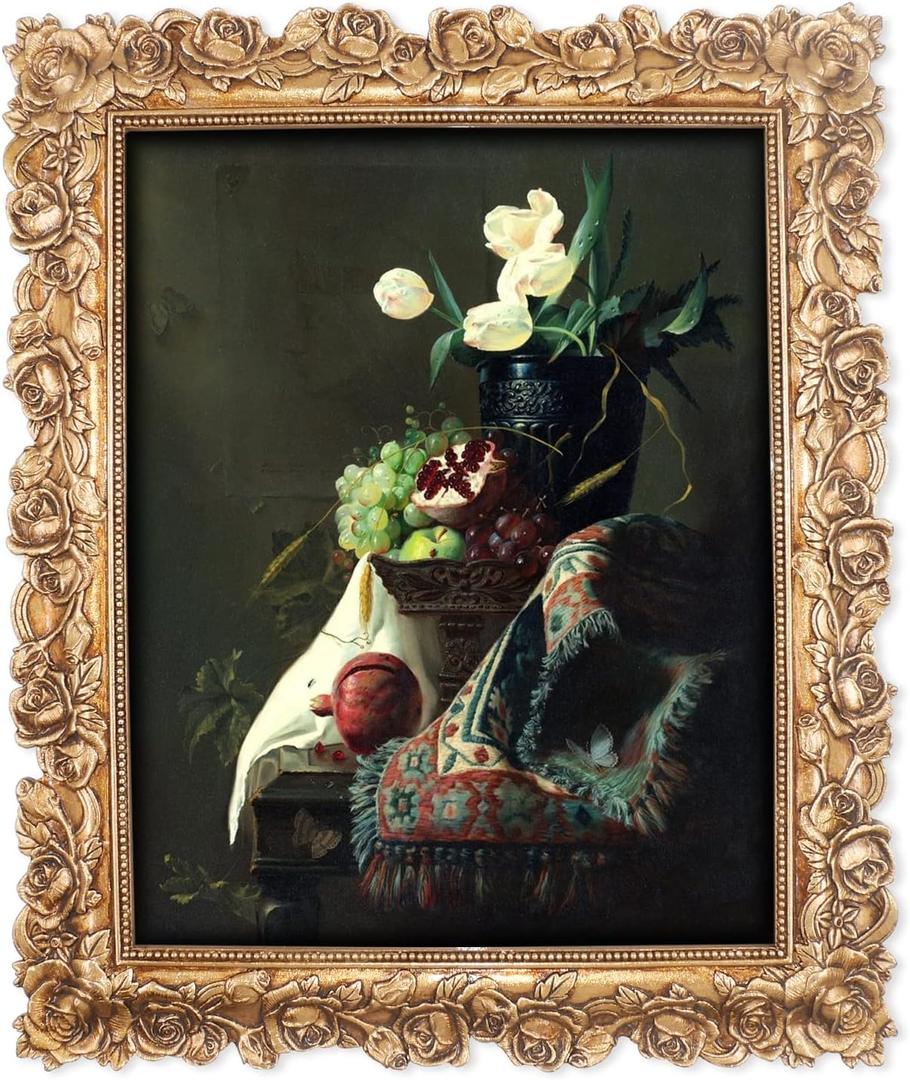 SIMON'S SHOP Gold Picture Frames 8x10 for Wall and Tabletop, Vintage Photo Frame with Rose Flower and Buds Carvings, Antique Picture Frame for 8 by 10 Prints