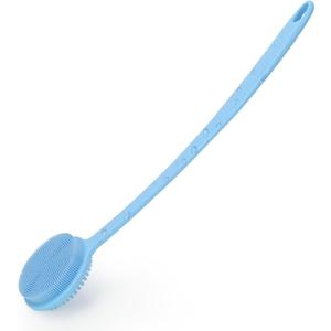 Silicone Back Scrubber for Shower, 17in Lengthen Long Handle Body Brush, Double Sided Shower Brush for Shower Exfoliating and Massage Can Produce Rich Foam, Long Handle Back Scrubber for Men (Blue)
