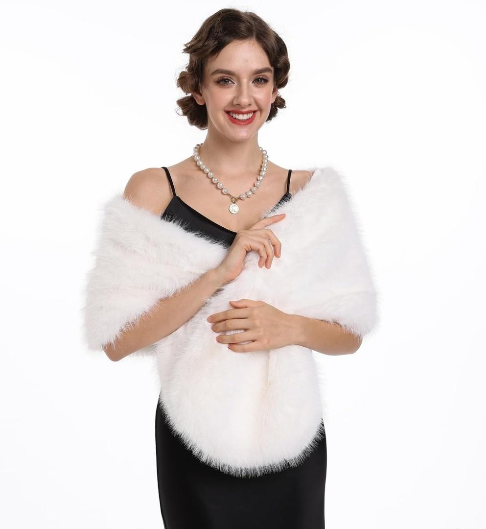 SAFERIN Women's Winter Faux Fake Fur Straight Wedding Halloween Party Custume Accessory Scarf Wrap Collar Shawl Shrug (Thin-soild White)