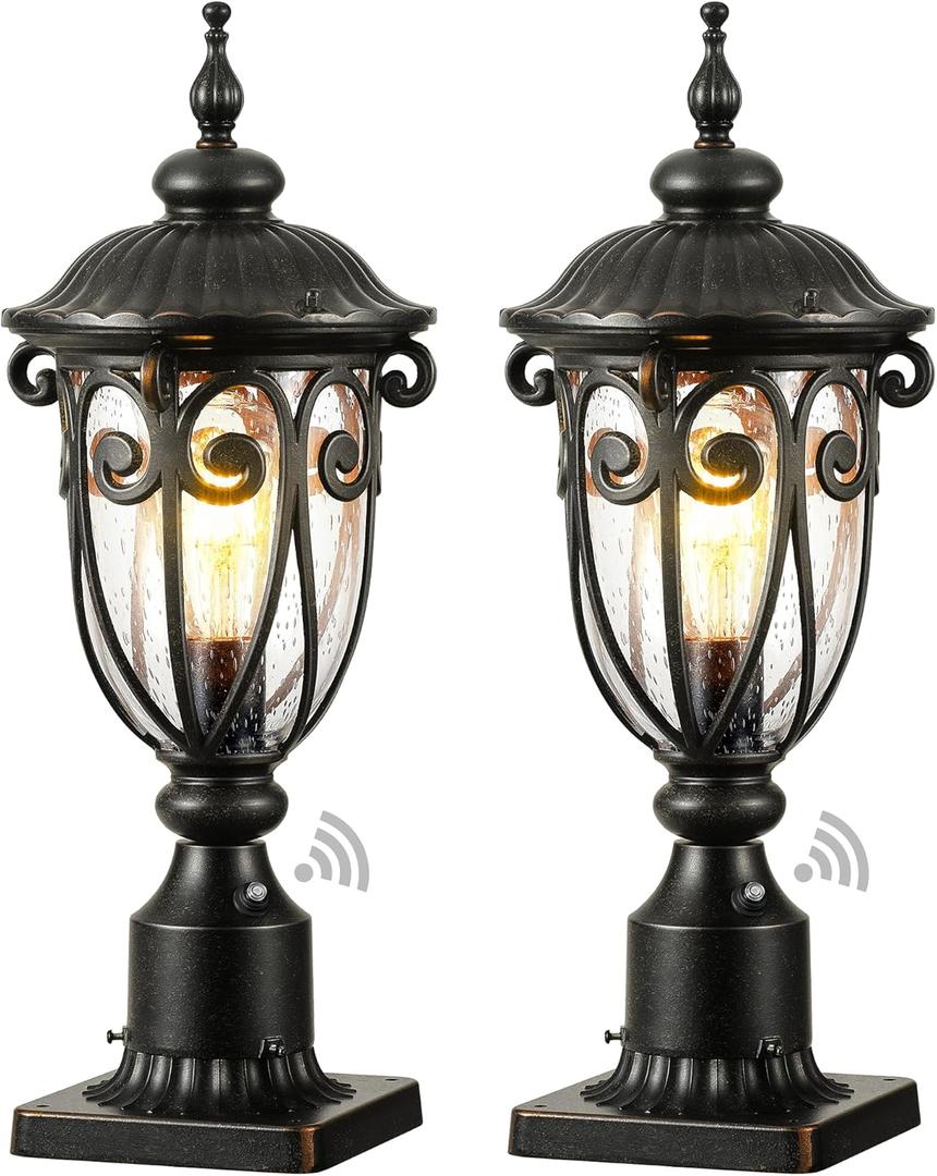 VIANIS Outdoor Post Light with Pier Mount Base, 2 Pack Waterproof Dusk to Dawn Post Lights Outdoor, Anti-Rust Aluminum Oil Rubbed Bronze Post Light Dusk to Dawn with Tempered Glass for Pathway