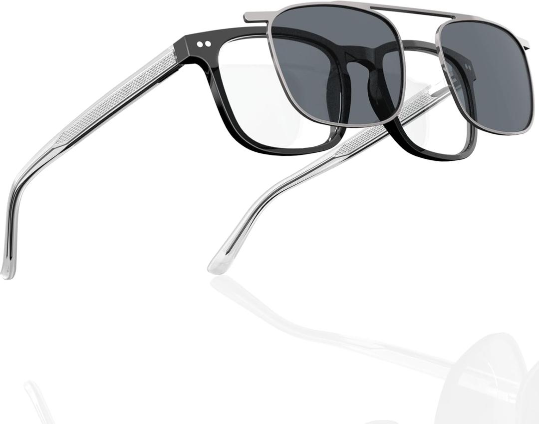 DEHOTRE Non Prescription Glasses Men Acetate Frame Eyeglasses with Magnetic Clip On TAC Polarized Sunglasses Clear Lens
