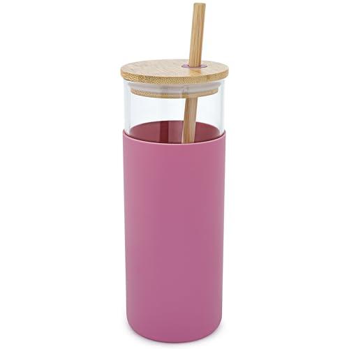 Biiange 16 oz Glass Tumbler, Glass Tumbler with Straw and Bamboo Lid, with Silicone Protective Sleeve for Water, Tea, Iced Coffee (Pink) 8 Pac