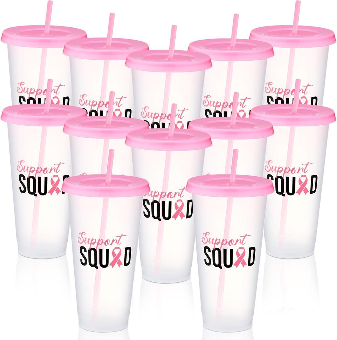 Bokon 12 Pcs Breast Cancer Awareness Cups Bulk 24 oz Reusable Party Favors Cup with Lids and Straws Breast Cancer Awareness Accessories for Charity Event Women Party Supplies(Pink)