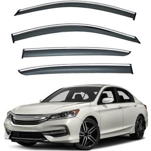 4pcs Smoke Tint with Chrome Trim Outside Mount Tape On/Clip On Style PVC Sun Rain Guard Vent Window Visors Compatible with 13-17 Accord 4-Door Sedan