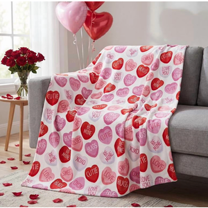 Valentine Flannel Blanket Throw, Pink Hearts with Words Soft Fuzzy Plush Cozy Fleece Blankets for Couch Sofa Bed Lounging, Ideal Gifts for Kids Adults Wife Self, 50x60