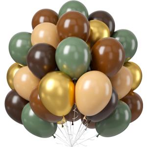 60 PCS Sage Green, Gold, Brown Latex Balloons - Woodland Camo Army Olive Green, Dark Brown, Coffee Nude Gold Party Balloons for Jungle Safari Woodland Hunting Birthday Decorations