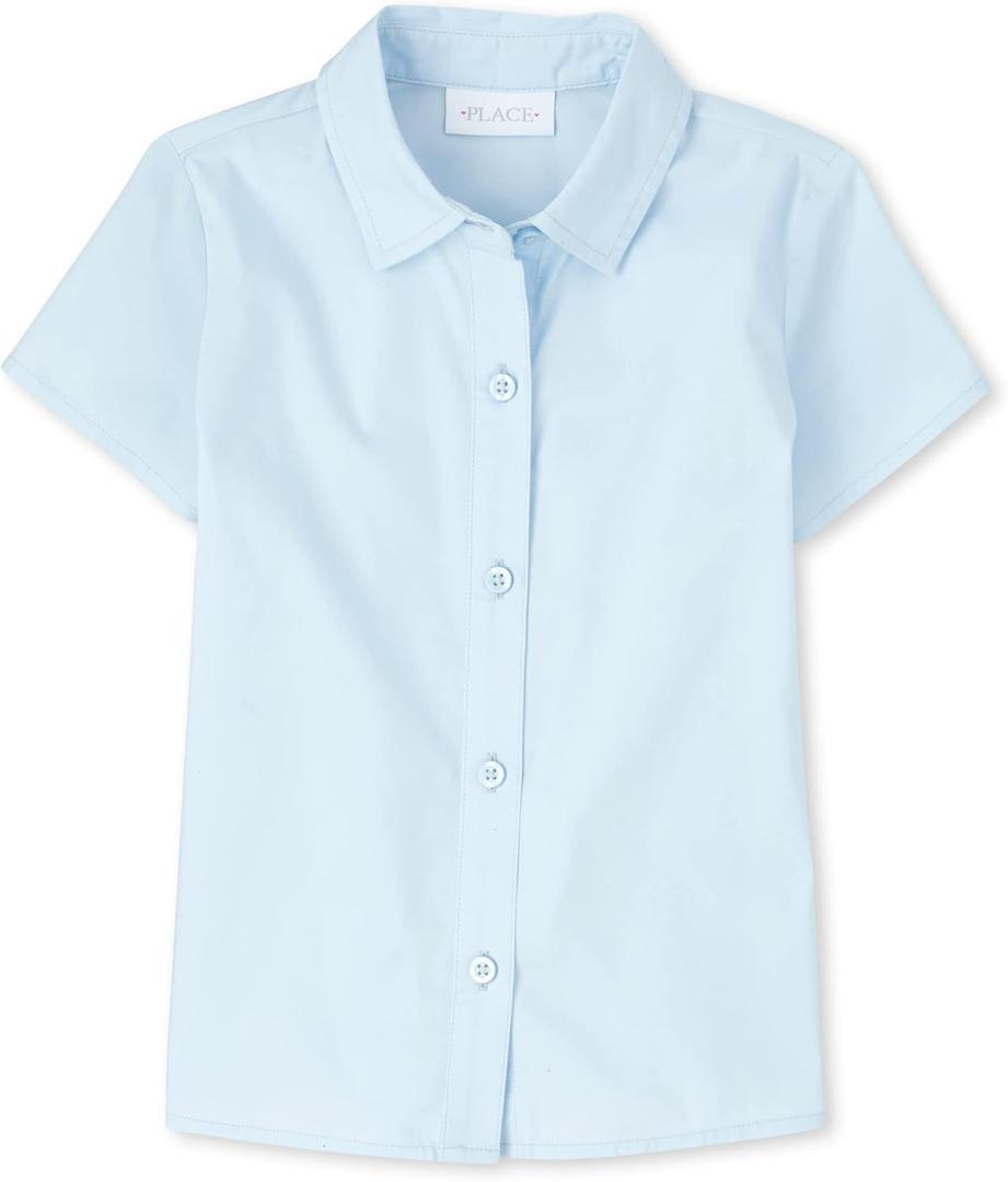 The Children's Place girls Short Sleeve Poplin Button Down Shirt (Blue, S)