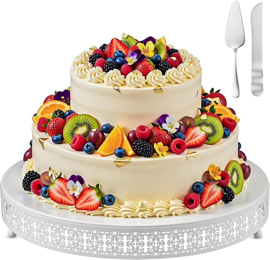 Wenqik White Metal Cake Stand 20 Inch with Cutting & Spatula