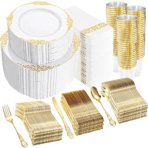 YOUBET 700PCS Gold Plastic Dinnerware Set - White and Gold Disposable Plates for 100 Guest - 200 Disposable Plates, 300 Heavy Duty Plastic Silverware, 100 Cups,100 Napkins for Wedding Party Graduation