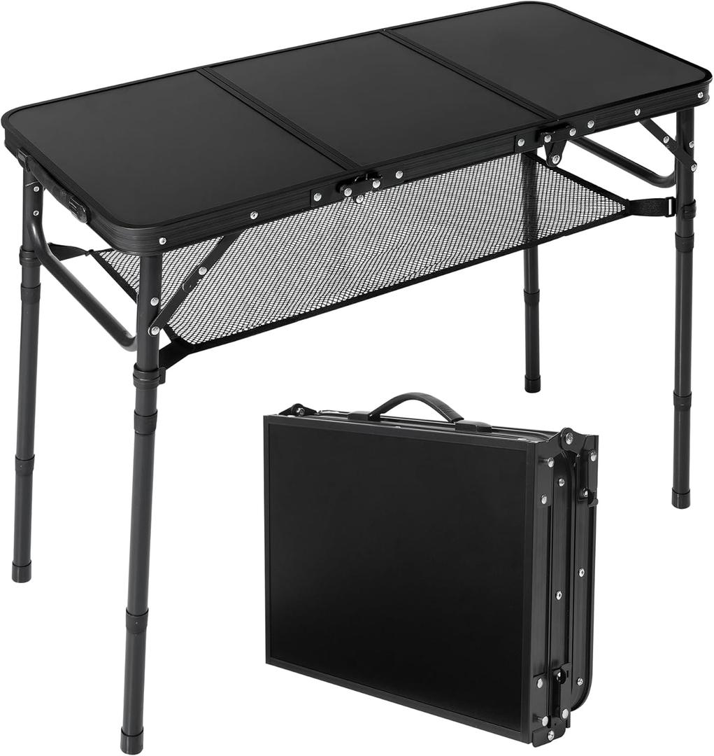Folding Camping Table with Storage Net,3ft Portable Aluminum Folding Table with 3 Adjustable Height Max 27.3 Inch for Outdoor Backyard BBQ Picnic Cooking Tents Beach Indoor BedroomBlack