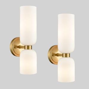 Gold Wall Sconces Set of Two 2-Light Modern Wall Light 3.93"(W)*15.4"(H) Bathroom Vanity Light Milky White Glass
