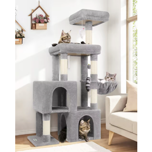 Globlazer Cat Tree Tower with 2 Cat Condos for Multiple Indoor Cats, 52in Multi-Level Plush Cat Condo Tower with 5 Sisal Scratching Posts, 2 Padded Perches, Big Basket, Widened Base, S52, Light Grey